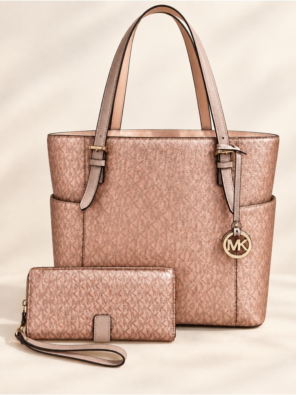 Michael Kors Rose Gold Signature Tote & Matching Wallet Wristlet Set
